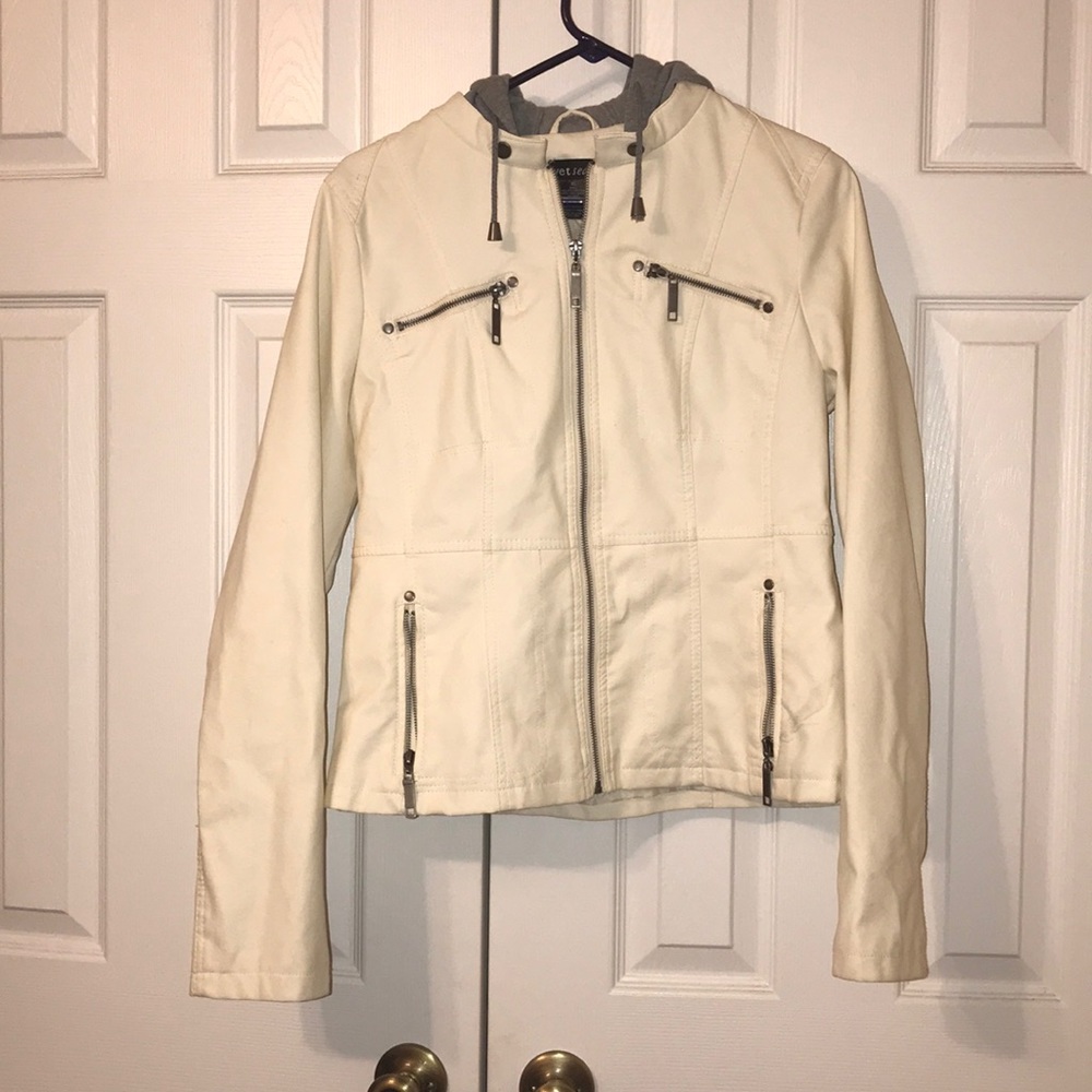 Cream colored Leather jacket with hood